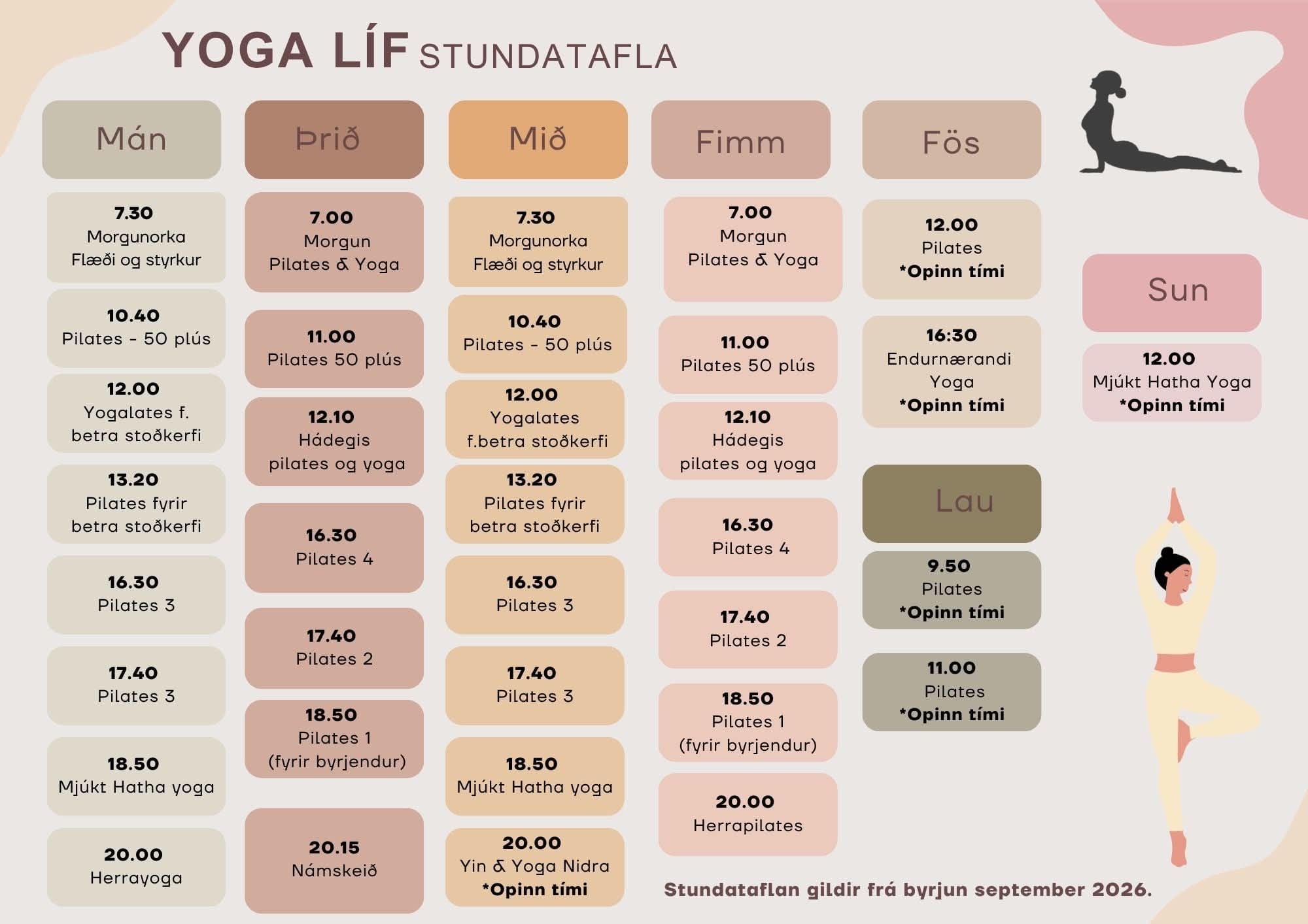 Yoga Líf Stundatafla – gildir frá byrjun september 2026